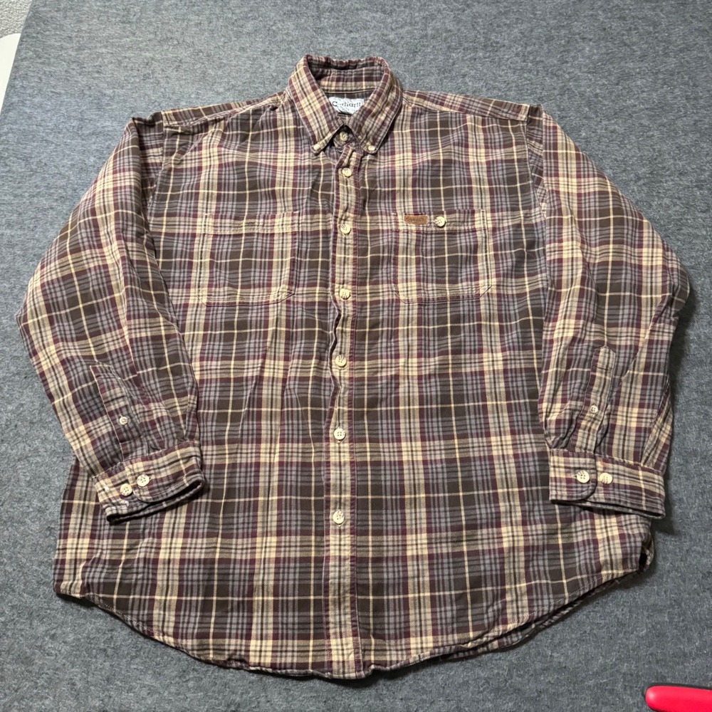 Carhartt Mens XL Plaid Long Sleeve Button Down Work Shirt Brown Burgundy Cotton